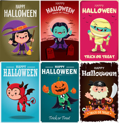 Vintage Halloween poster design with vector vampire, witch, mummy, pirate, bat character. 
