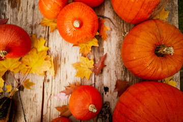 Pumpkin Background, top view. Vegetarian food, health or cooking concept.