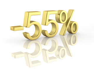 Gold text 55 percent off on white background with reflection 3D render