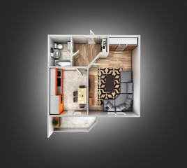 interior apartment roofless top view apartment layout on grey gradient background 3d render
