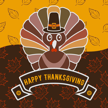 Happy Thanksgiving celebration design template with turkey in pilgrim hat. Vector illustration.
