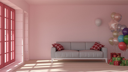 Interior room,3D rendering sofas  living room pink color,gift boxes with balloons,interior Organizing a party background