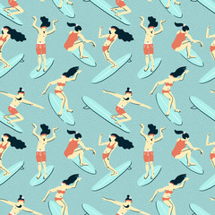 Seamless vector pattern with  surfers. Summer background. 