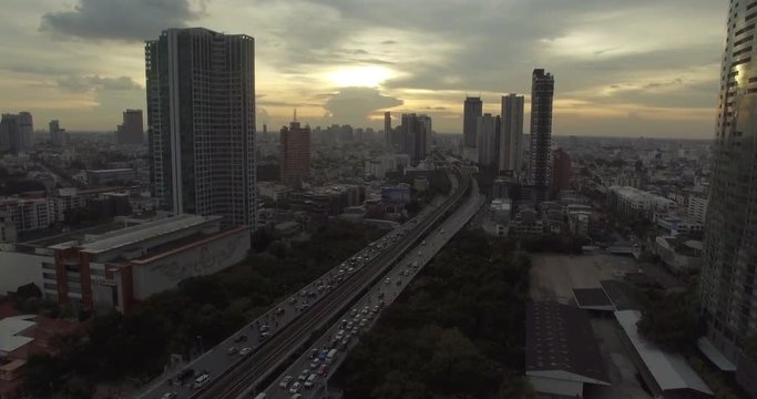 Aerial view sunset of Bangkok's city, Thailand.