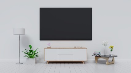 Smart TV on stand and wall white background. 3d rendering