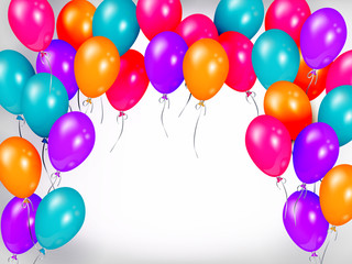 Horizontal line, border of shiny colorful balloons, party banner, poster, greeting card decoration element, realistic vector illustration. Bunch, group, line of colorful shiny balloons © sabelskaya