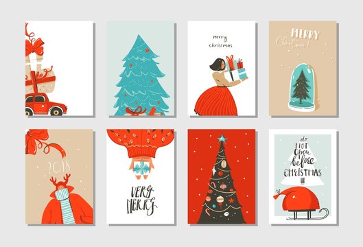 Hand drawn vector abstract fun Merry Christmas time cartoon cards collection set with cute illustrations,surprise gift boxes ,Christmas tree and modern calligraphy isolated on white background