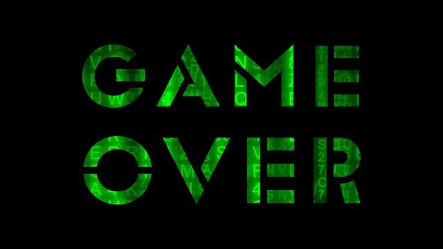 A game over text message suddenly appearing. The Matrix style code rain fills the characters.
