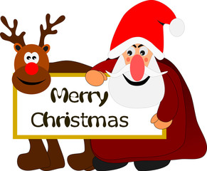 Weihnachtsmann und Rentier halten eine Tafel