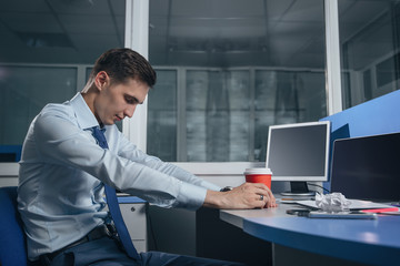coffee pause/ Businessman pauses closed his eyes and drinks coffee