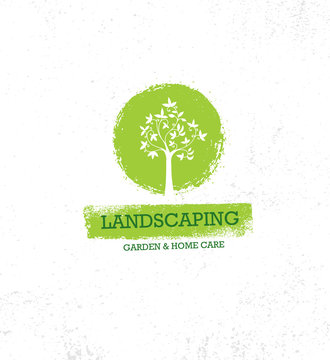 Landscaping Garden And Home Care Creative Organic Vector Old Oak Tree Sign Concept On Rough Grunge Background
