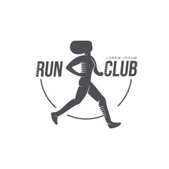 Sportive woman jogging, running marathon brand, logo design icon pictrogram silhouette. Female adult character illustration with run club inscription. Isolated flat illustration on a white background.