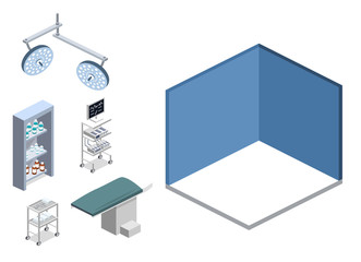 Isometric 3D vector illustration collection of surgical room items