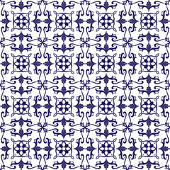 Delft tile pattern vector with blue and white ornaments. Portuguese azulejo, mexican talavera, spanish, italian majolica or moroccan motifs. Tiled background for wallpaper, ceramic or fabric.
