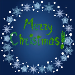 Fototapeta na wymiar Inscription Happy Christmas from fir branches in a round frame of snowflakes on a blue background, blizzard,