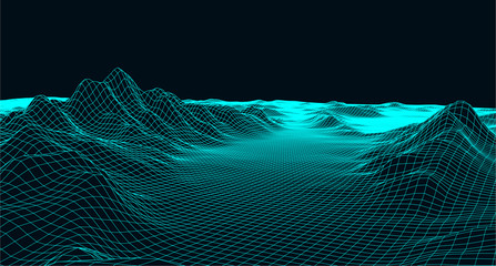 Abstract digital landscape with particles dots and stars on horizon. Wireframe landscape background. Big Data. 3d futuristic vector illustration. 80s Retro Sci-Fi Background