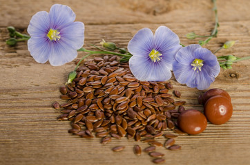 Flax seeds , beauty flower and pills on woooden background. Phytotherapy.