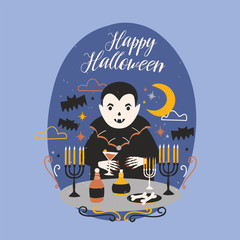 Happy Halloween banner with funny smiling Dracula or vampire standing at table with candles in candlesticks and holding wineglass with blood against night sky on background