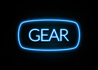 Gear  - colorful Neon Sign on brickwall