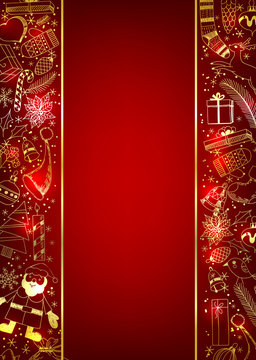 Red Christmas Background With Golden  Borders Made Of Doodles Items Related To The Holiday.