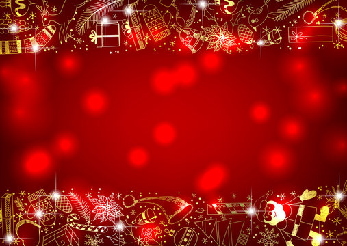 Red Christmas background with golden  borders made of doodles items related to the holiday.