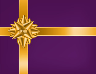 Beautiful realistic crossed golden ribbon and satin or silk loopy bow on purple background. Elegant holiday decorative element, shiny festive gift or present decoration. Vector illustration.