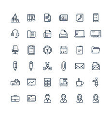 Vector thin line icons set and graphic design elements. Illustration with business and office tools outline symbols. Documents, newspaper, telephone, fax, chair, projector screen linear pictogram