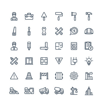 Vector thin line icons set and graphic design elements. Illustration with construction, industrial, architectural, engineering outline symbols. Home repair tools, worker, build linear pictogram