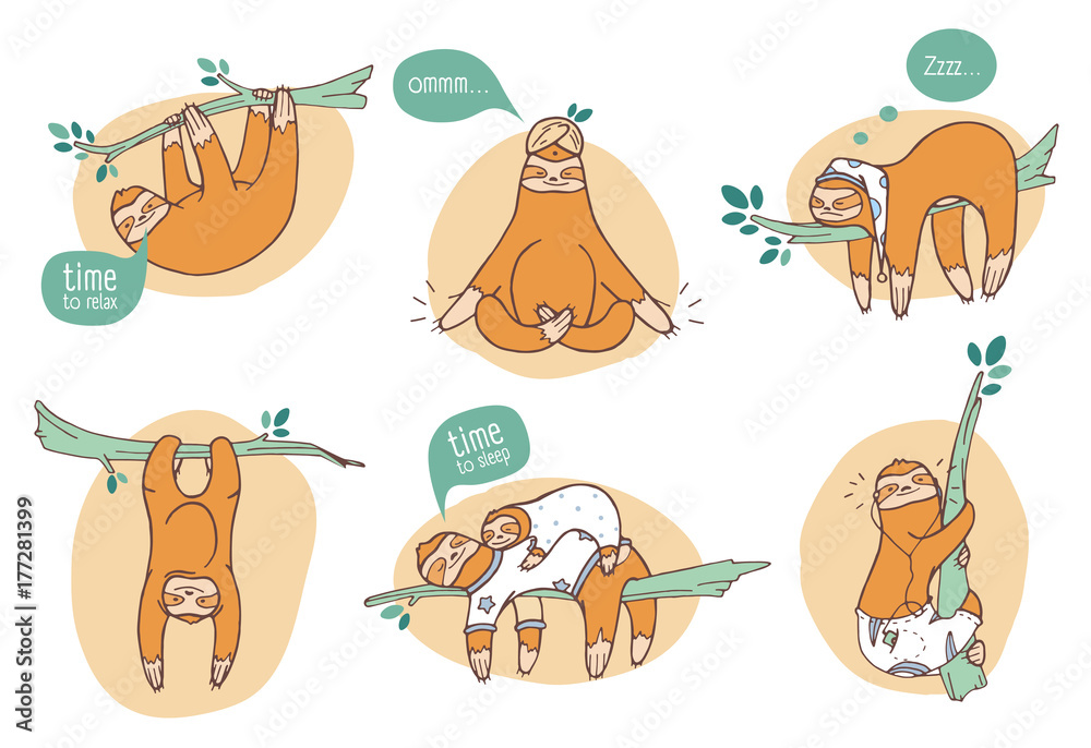 Poster collection of funny sloths in different postures. lazy exotic animal sleeping, napping and relaxing 