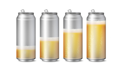 Realistic Beer Cans Mockup Vector. Beer Background Texture With Foam And Bubbles. Different Level Of Beer. Macro Of Refreshing Beer. Isolated Illustration
