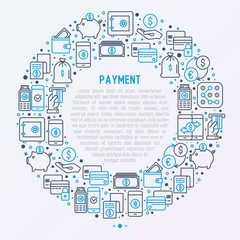 Payment concept in circle with thin line icons related to credit card, money flow, saving, atm, mobile payment. Vector illustration of banner, web page, print media.