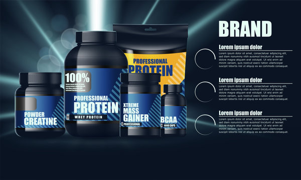 Design for set of containers for sports nutrition. Vector illustration. Plastic Jars and foil package.