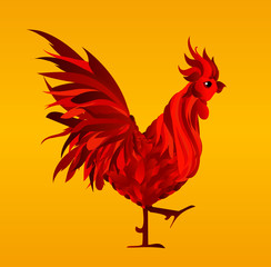 Fiery Rooster. Vector.  Profile Red Cockerel on a yellow back