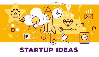 Vector illustration of rocket, light bulb, cloud and icons. Startup ideas concept on yellow background with title.