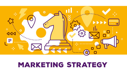 Vector illustration of knight chess piece and icons. Marketing strategy concept on yellow background with title.