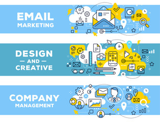 Email marketing & management concept on blue backgrounds with title. Vector set of banner illustrations with business elements.