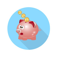 icon pig piggy bank with coins long shadow