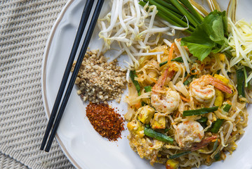 Delicious Thai Fried Noodles with shrimp, egg,and vegetables (Pad Thai), Thailand's dishes.