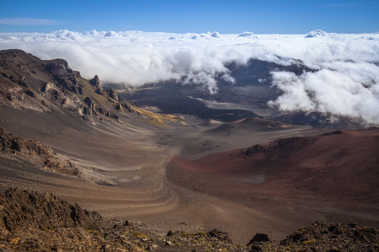 The Haleakala crater at the top of the volcano is seen by the visitor center at 9,740 feet on a typical day fog