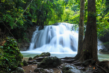 Beautiful Huai Mae Khamin waterfall in the rainy season,  Kanchanaburi Province, Thailand.
