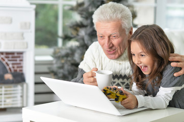 Grandfather and child with laptop