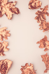 Fall rose gold colored leaves flatlay. Copy space for text