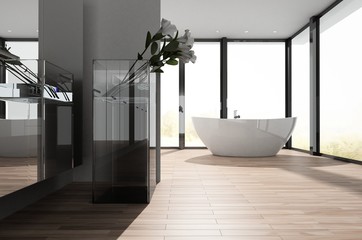 Large spacious modern bathroom with view windows