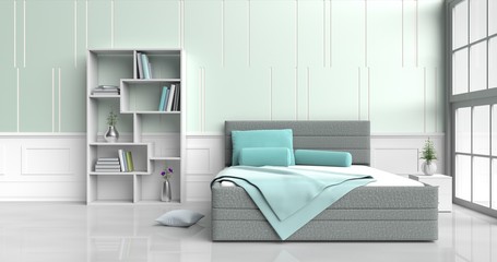 White-green bed room decorated with ,tree in glass vase, green pillows, Wood bedside table, Bookcase, green blanket, Window, green -white cement wall it is pattern, white cement floor. 3d rendering.