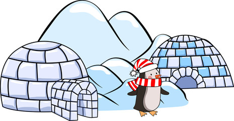 A set of winter igloo houses, penguin in red and white scarf and hat and ice floes Cartoon vector illustration