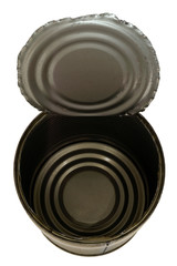 Opened tin can on top isolated on white background