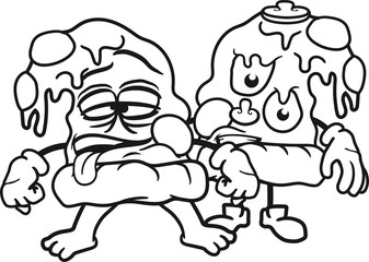 2 freunde salami team paar gesicht kopf monster schleimig pilze funghi champignons runter hängen auf dem kopf stück salami pizza lecker essen hunger comic cartoon