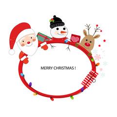 Santa claus, deer and snow man. Happy new year and merry christmas frame greeting card