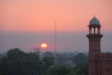 Lahore city scape with mosque minaret, Pakistan