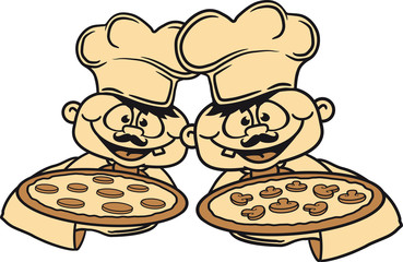 2 freunde brüder team paar salami präsentieren pilze champignons funghi koch chef bäcker backen küche restaurant cool logo italien liebe lieblingsessen stücke pizza rund groß comic cartoon clipart